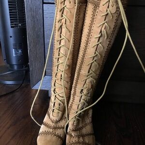 Free People Lace-Up Knee-High Suede Boots in Tan